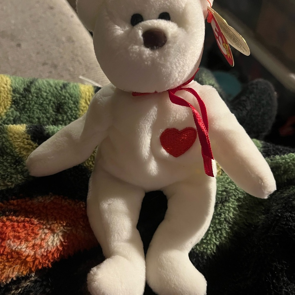 Rare! Valentino Ty White Bear with Red Heart Stuffed Animal.
